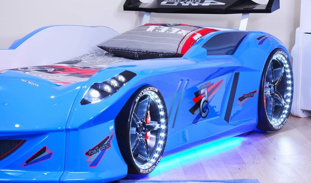 Infinite Zoom Blue 3FT Single Race Car Bed with LED Lights, Sounds & Bluetooth